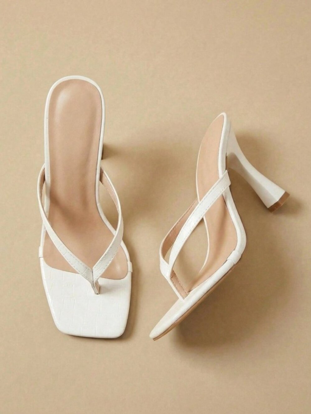 White Croc-Embossed Thong Strap Heeled Sandals